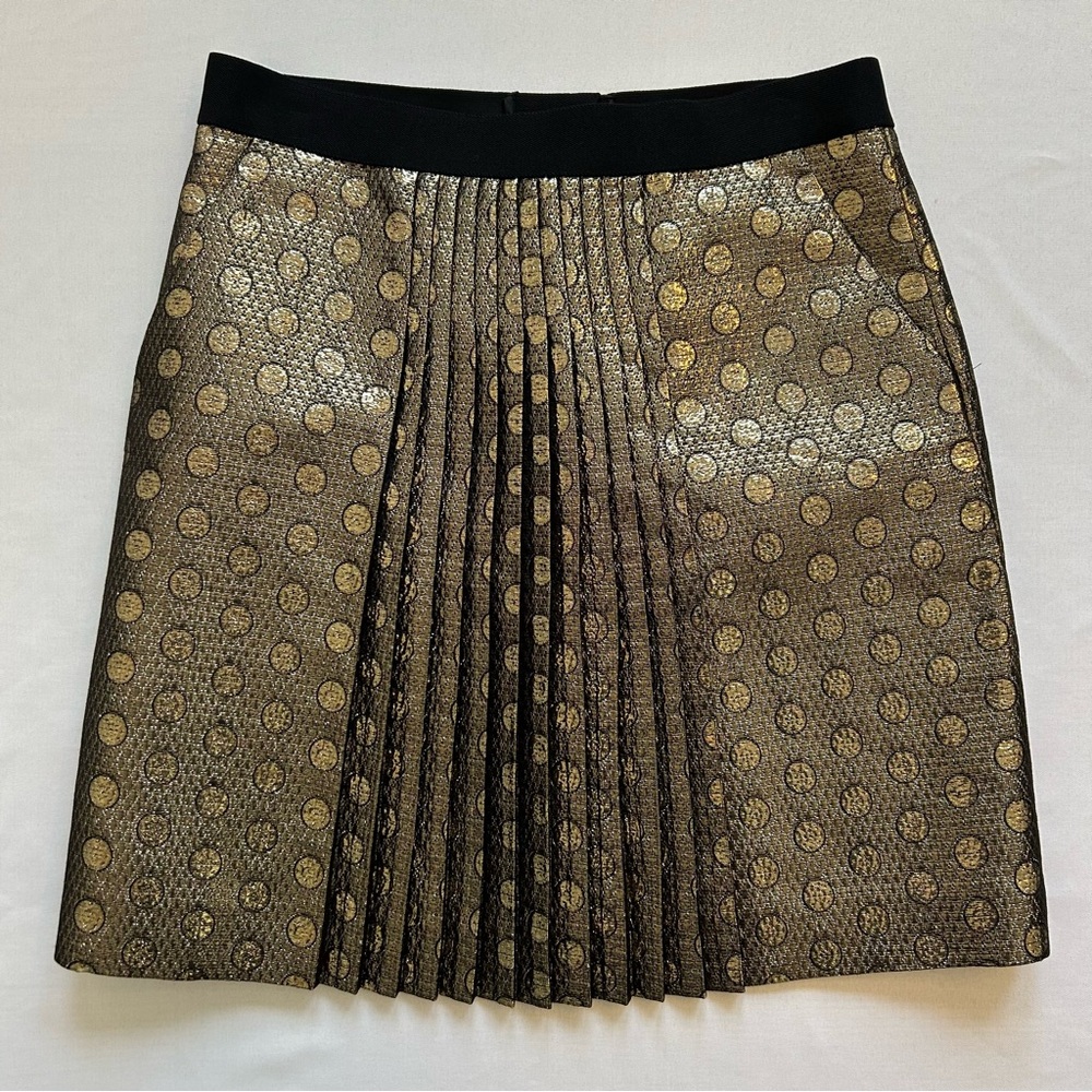 J.Crew Gilded Jacquard Pleated Skirt Polka Dot Black Gold Metallic Size 4